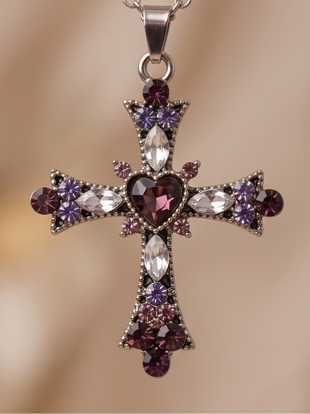 Beautiful Cross & Chain with Pink Purple & Clear Crystal Stones With Chain